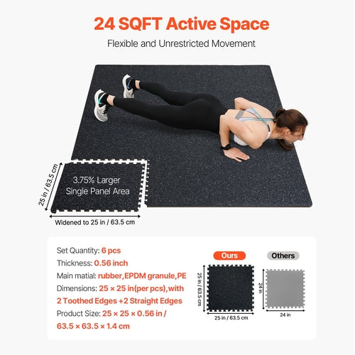 0.56 Inch Thick Gym Floor Mats, 6 Tiles Rubber Top with EVA Foam