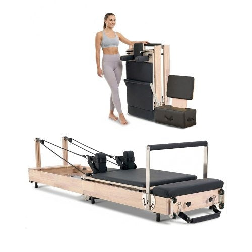 Foldable Pilates Reformer, Wooden Pilates Workout Machine for Home Gym