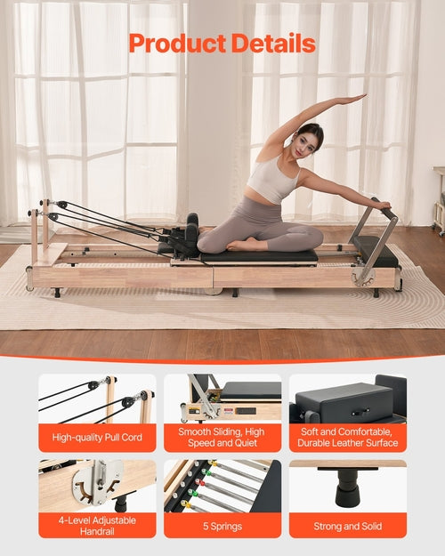 Foldable Pilates Reformer, Wooden Pilates Workout Machine for Home Gym