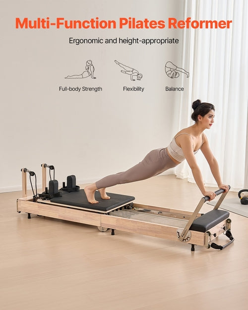 Foldable Pilates Reformer, Wooden Pilates Workout Machine for Home Gym