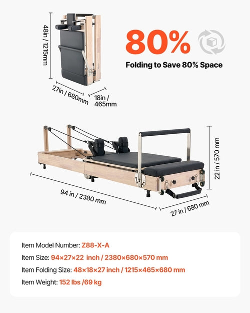 Foldable Pilates Reformer, Wooden Pilates Workout Machine for Home Gym