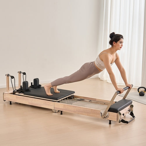 Foldable Pilates Reformer, Wooden Pilates Workout Machine for Home Gym